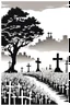 Placeholder: landscape, open air flat cemetery with thousand crosses, manga style, grayscale