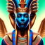 Placeholder: 3D close-up of a Egyptian god Anubi, high contrast, glowing backlighting, blue and red backlighting, vibrant hair, dark brown eyes, sharp focus, face painting, background blur.