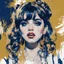 Placeholder: Poster in two gradually, a one side the Singer Danish MØ face and other side the Singer Melanie Martinez face, painting by Yoji Shinkawa, darkblue and gold tones,