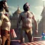 Placeholder: Ultra realistic circus scene. Naked stronger man, waist up view, Wes Anderson style, happy, bubbles, highly detailed, concept art, unreal engine 5, god rays, ray tracing, RTX, lumen lighting, ultra detail, volumetric lighting, 3d, finely drawn, high definition, high resolution.