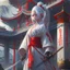 Placeholder: UHD, hd, 8k, oil painting, hyperrealism, Very detailed, zoomed out view, full character in view, white hair female demon character wearing a hanbok with a white top and long red bottom, she holds a katana in her right hand, she stands in front of a Japanese style palace digital art, anime, full details