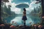 Placeholder: A skinny woman with a Cleopatra hairstyle, short skirt, and knee-high boots, looking out over a lake, in an alien forest, with tall cloud trees, flying mushrooms with octopus tentacles