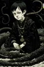 Placeholder: 7 year old boy, necromancer, friendly, looks dead,with a long lamprey emerging from his belly , wearing black robes, in the style of Harry Clarke