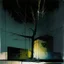 Placeholder: Minimal abstract oil painting of a tree in concrete warehouse brutalist architecture and hanging wires illuminated at night. With muted triadic colours. In the style of Justin Mortimer and Phil Hale, Ashley Wood