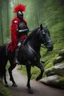 Placeholder: portrait of black knight on horse with red feather on stone bridge in mountain pass in forest,shot on Hasselblad h6d-400c, zeiss prime lens, bokeh like f/0.8, tilt-shift lens 8k, high detail, smooth render, down-light, unreal engine, prize winning