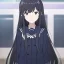 Placeholder: Clear focus, High resolution, long black fluffy hair, long locks, chopped bangs, purple eyes, wearing a sailor uniform, (solo), anime screencap