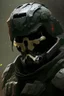 Placeholder: A soldier in the game Titan Fall 2 , he wears a BLACK skull helmet that covers his face, the helmet looks like a skull and is black, he is a rifleman, and his callsign is Titan. His colors are black and dark olive