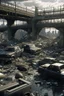 Placeholder: city ruins a lot of smashed cars everywhere and dead people under the bridge high quality HD pictures in cinematic universe