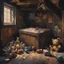 Placeholder: impressionist painting of an antique toy box filled with vintage toys in corner of a dark attic, weathered wood, by Atelier Olschinsky and Ted McKeever, large brush strokes, nostalgic, moody, opulent shadows, cobwebs, solid line work, maudlin, sad limp teddy bear