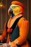 Placeholder: Half parrot half human in a 1700s Orange Dutch uniform in a Dutch cafe