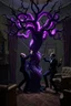 Placeholder: Some well dressed goths climbing and fighting each other with sticks to contain energy from floating chtonian dark purplish glowing snakelike tree grabbing them in dramatic scene in luxury parlour in the style of Giger and Escher