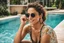 Placeholder: portrait photography, upper body, shot by Canon EOS 5D, outdoor, 25 years old Brazilian lady Ambrosso Sanchez, sitting near the pool, wearing sunglasses, she has modern style, looks very happy, sunday ambient, high quality, aged face details, intricate details