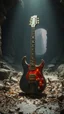 Placeholder: "ancient glowing metallic electrical guitar on a ruined altar, surrounded by tiny insect runes and chitin shards, underground city background, dramatic spotlight, 16:9, high detail, no humans."