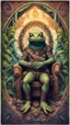 Placeholder: mandala style framed playing card illustration, close up portrait of a happy blessed ancient magical scaly slimy weird Bullywug mad max soldier posing for photo shoot on a throne, holding a burning sceptre, in a space alien mega structure with stairs and bridges woven into a sacred geometry knitted tapestry in the middle of lush magic jungle, bokeh like f/0.8, tilt-shift lens 8k, high detail, smooth render, down-light, unreal engine, prize winning