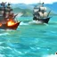 Placeholder: Two pirate ships fight each other at sea. Firing cannons. One ship is hit and burns after being hit.