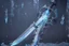 Placeholder: A fantasy greatsword that is a slender, translucent blade made of ice. Its hilt is crafted from swirling vines, leading to a vibrant crystal at the pommel. With a black background behind it. HD