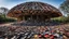 Placeholder: Small Pavilion made from hundreds of old shoes, amazing detail, beautiful composition, award-winning photograph, astonishing realism, 28mm lens, adjust perspective