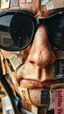 Placeholder: A face in details . The texture of the face is a collage of many peace’s of cur old pictures and newspapers parts sticks on the whole w with black sunglasses in a collage style