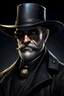 Placeholder: saint gunman with a round hat and sunglasses and a black coat and a short black and graying beard in the wild west, grimdark realistic