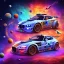 Placeholder: Single extremely detailed car (Centered on image), moving on a silk road through the galaxy, symetrical, HD, 4k, 8k, neon glow, Power colors