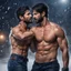 Placeholder: Hyper realistic shirtless muscular shahid kapoor hugging Mark Wahlberg at snowfall night