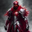 Placeholder: silver and crimson knight armor, and a ghostly red flowing cape, crimson trim flows throughout the armor, the helmet is fully covering the face, black and red spikes erupt from the shoulder pads, crimson hair, spikes erupting from the shoulder pads and gauntlets, glowing red eyes