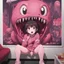 Placeholder: a cute creature in front of a big poster of a "Anime girl crushed inside really darkred fleshy stomach filled with digestive juices, sit pose, fullbody, serius, slobbe, Junji Ito style, pink tones, rolling eyes, tongue out, saliva drip, open mouth," cinematic, a city in the background