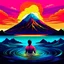 Placeholder: 2d ilustration colorful of a man swiming in a lake with a volcano in eruption in the background as album artwork