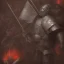 Placeholder: Knight guard far away. Shiny bright papper scroll. Weapon. Sharp. Damascus steel. Black. Technical details. Red. Doom dark. Meteorite. Fire.