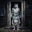 Placeholder: fantasy digital art of crying young female anthro wolf in gray hairy wolf body and wears just a short canvas rag around her waist , sadly crying face stands in the rain front the door, behind her an tall anthro dark hairy wolf man standing behind in rustic halb open door in an massive wooden house, deep colors, rainy day, detailed, anthropomorphic creatures, fantasy, sci-fi mood