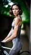 Placeholder: photography of a beautiful anorexic woman, grey satin triathlon top, brunette wavy bob haircut, pronounced sternum, flat chest, grey satin cycling leggins