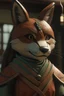 Placeholder: A young samurai girl wearing a wooden fox mask. She is wearing Japanese post-apocalyptical clothing Renderer as a Pixar animation look