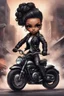 Placeholder: Create a digital airbrush illustration of a chibi cartoon full figure black female riding a sports motorcycle. She is wearing biker jacket and black tights with biker boots. Prominent make up with log lashes and hazel eyes. Extremely highly detailed black shiny wavy hair up in a messy bun. Background of smoke surrounding her and the bike and she's at a bike show.