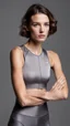 Placeholder: photography of a beautiful anorexic woman, grey satin triathlon top, brunette wavy bob haircut, pronounced sternum, flat chest, grey satin cycling leggins