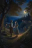 Placeholder: A prince and a village girl secretly meet by the moonlight in an oil painting forest Photorealistic