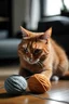 Placeholder: an orange cat playing with a black ball of yarn on a gray rug more natural