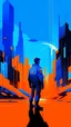 Placeholder: Futuristic and minimalist cyberpunk illustration by Miyazaki of a man surround by a digital landscape. Colors are blue and orange.