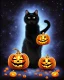 Placeholder: black cat on Halloween dancing with pumpkins in the photo of the starry sky