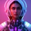 Placeholder: Cute indian girl face , Sci-fi character, orange backlight, pink and purple, scifi suit, profile, purple background, pink lighting