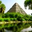 Placeholder: Pyramide d'Egypte, végétation luxuriante, rivière limpide, détail net et clair, beaucoup de détail