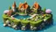 Placeholder: (simple background:1.2), (isometric 3d art of floating rock citadel), cobblestone, flowers, verdant, stone, moss, fish pool, (waterfall:1.2), cottage