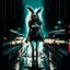 Placeholder: stylish digital illustration, databending, disheveled soaking wet woman in bunny costume with limp ears in middle of the road illuminated by headlights, dragging an ax, Dramatic, heavy rain, creepy, complex contrast, dynamic composition, scary, horror movie