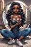 Placeholder: Create a futurism magna art of a black chibi curvy female sitting on the floor looking at herself in a hand mirror. She is wearing tight blue jeans and a black off the shoulder blouse. Prominent make up with lush lashes. Highly detailed long wavy hair. She is also wearing silver large hoop earringsart of a black chibi curvy female sitting on the floor looking at her cell phone. She is wearing tight blue jeans and a black off the shoulder blouse. Prominent make up with lush lashes.