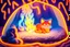 Placeholder: Against a dark cracked holographic marble background, a cute chibi plushy fluffy knitted and embroidered cat, tent, campfire, pond, mist and fog in sunshine, drawn in orange glowing neon lines. The cracks in the background are golden. Ethereal, cinematic postprocessing.