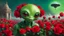 Placeholder: A cheerful green alien with huge slanted eyes holds a bouquet of (((red))) roses. A UFO stands in the background, by Conor Harrington