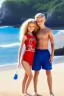 Placeholder: full body image of a beautiful 12 year old girl and a beautiful 12 year old boy with long, blonde curly hair and light blue eyes, smiling, shirtless, in front of an distant beach, 8k