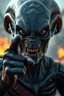 Placeholder: Alien angry and looking up , d&d character art masculine features, pointing at you , deep coal-gray skin, 8k, 3d cgi, unreal engine 6, high detail, intricate, cinematic battle background