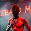 Placeholder: a very thin swedish man, with a skimask with only a hole for the mouth (no eyes), he is called "KEBAB MAN" performing at death metal club, his name is "KEBAB MAN" kebab rolls On stage, kebab Neon lights and smog, and "KEBAB MAN" big sign on the wall, kebab tribal tattooes, spinning kebab machines, flames and smoke, chaos, he singing with mic,