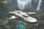 Placeholder: spaceship flying low over a jungle city