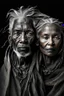 Placeholder: a photo of an Bushmen man and woman with ethnic jewelry, grey hair and grey flowing robe, in style of Annie Leibovitz, contemporary portrait of a mature yet beautiful and modernist, black and grey, detailed face, swirling fluid smokey enigma, award-winning artwork